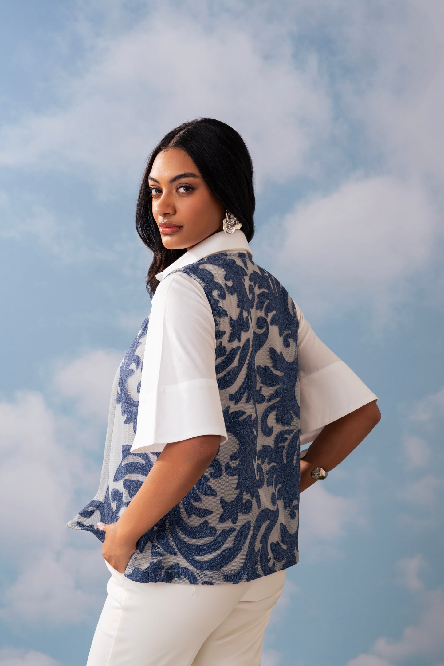 DENIM OVER MESH CAPE