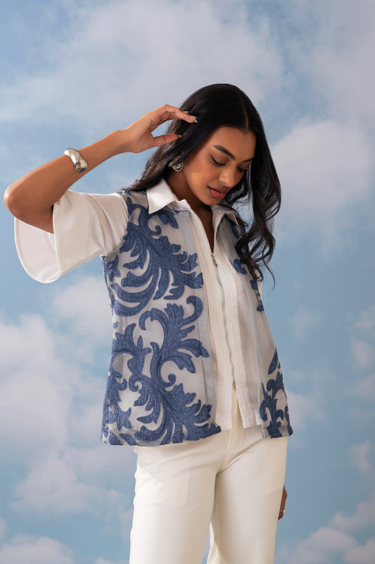 DENIM OVER MESH CAPE