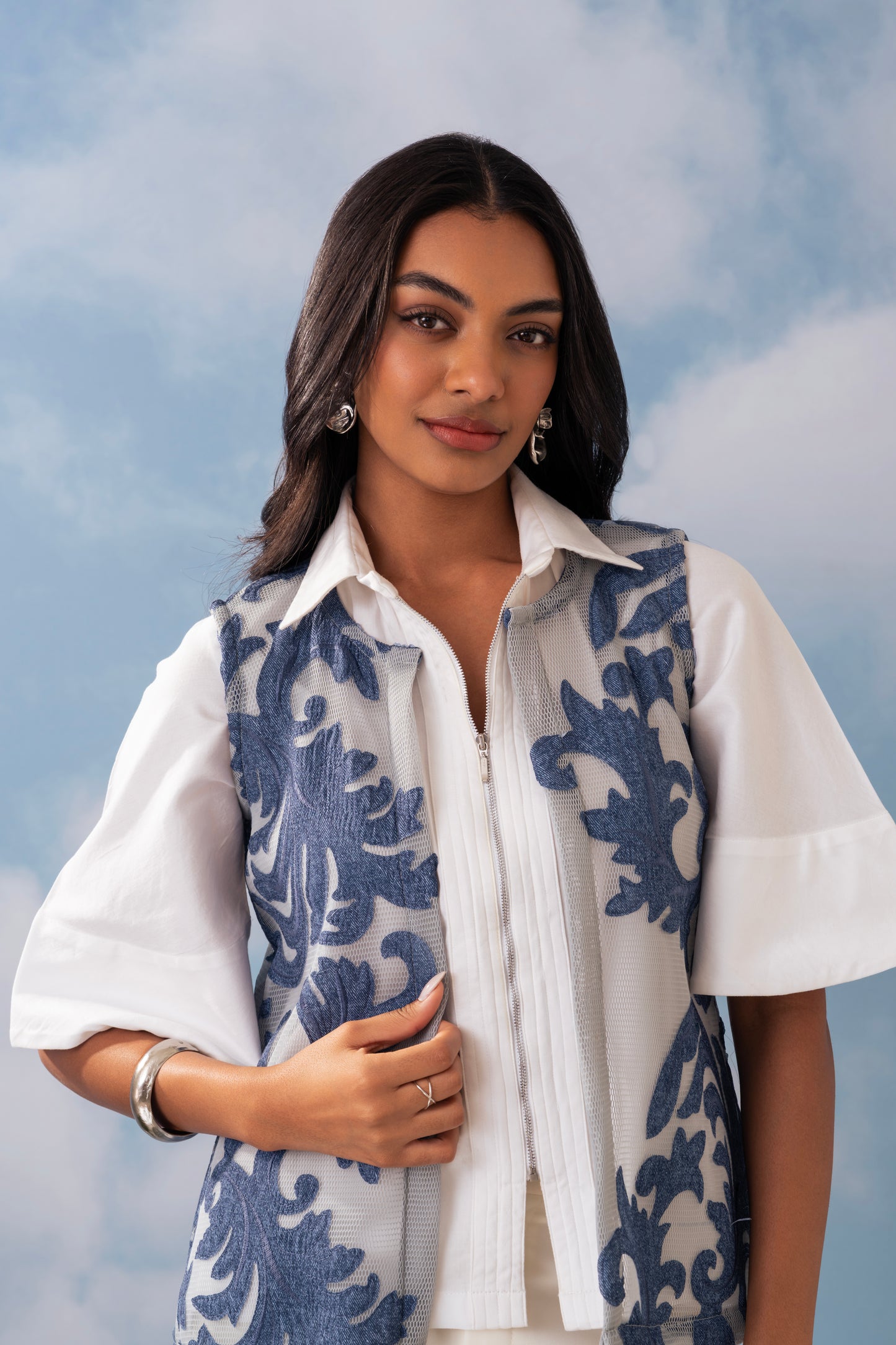 DENIM OVER MESH CAPE