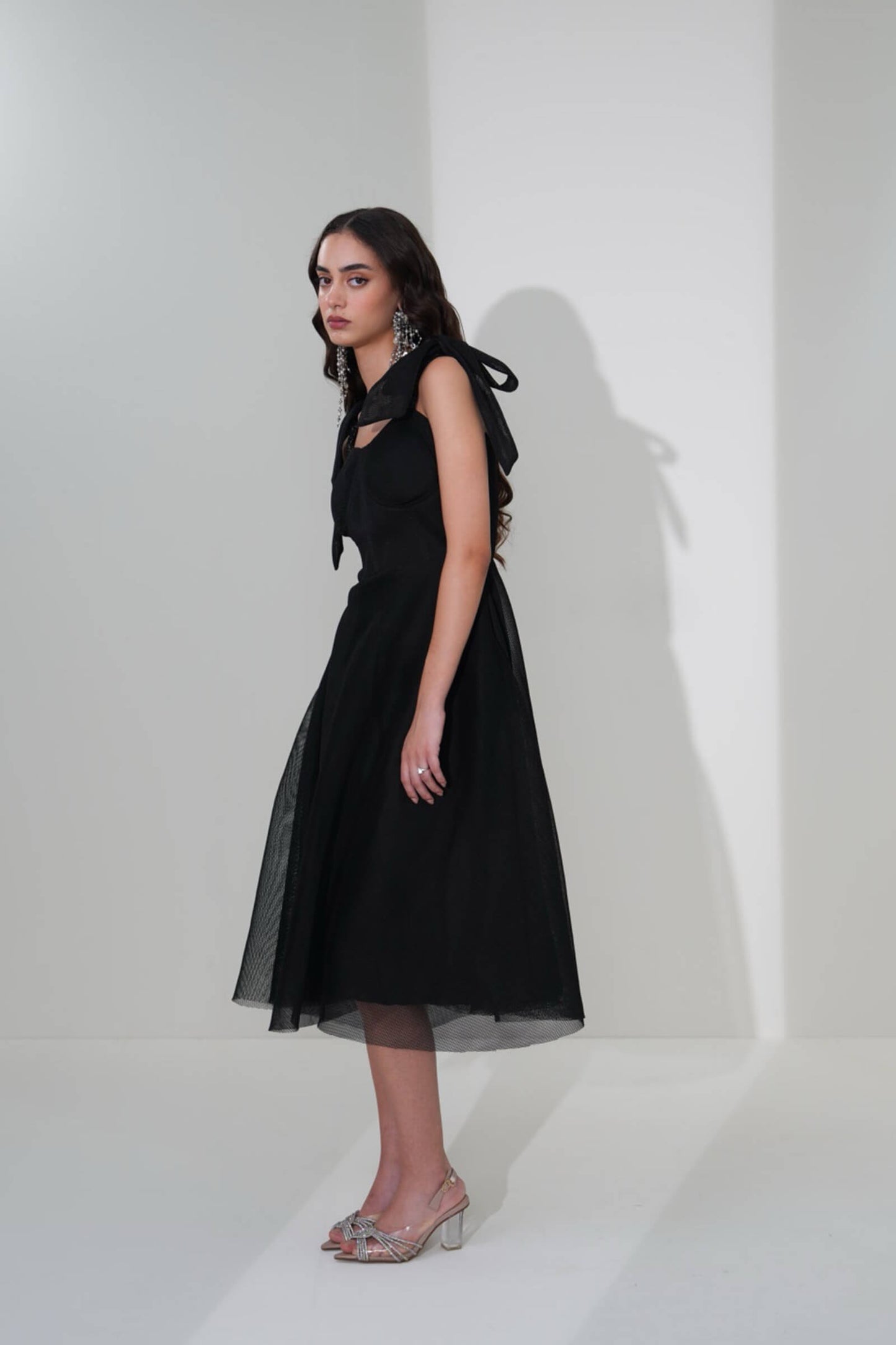 BLACK MESH BOW DRESS