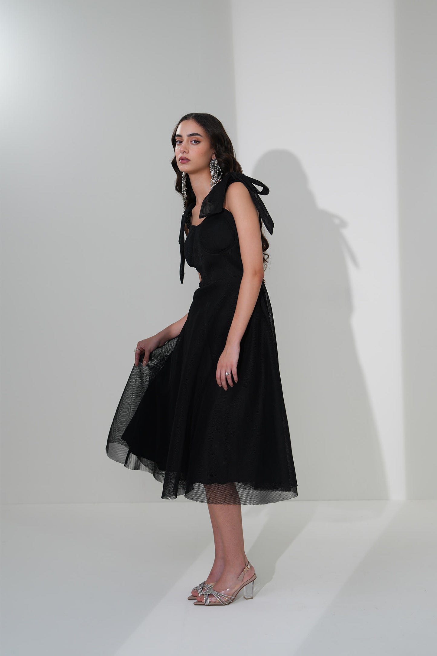 BLACK MESH BOW DRESS